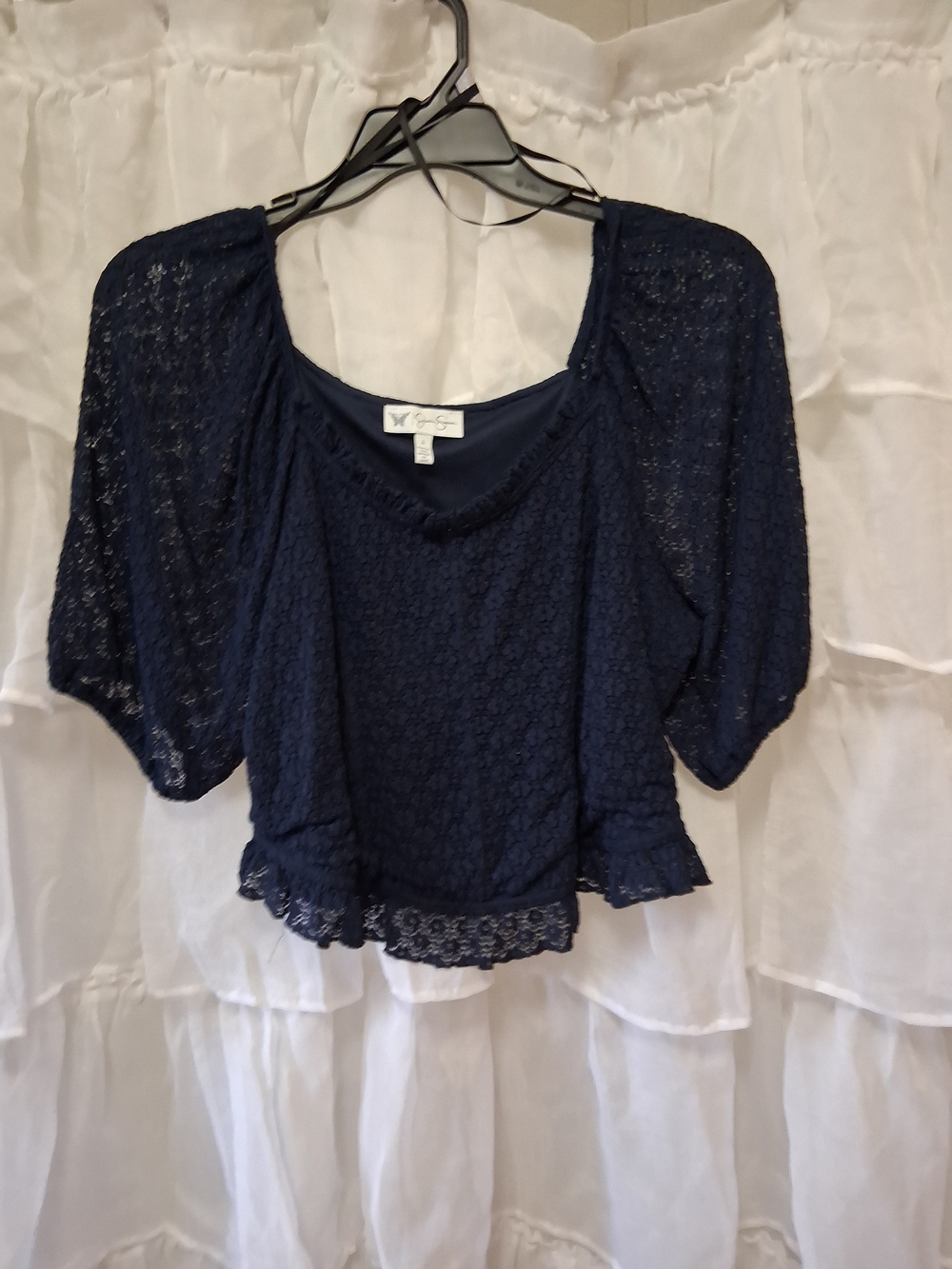 Jessica Simpson Navy Lace Ruffle Hem Blouse